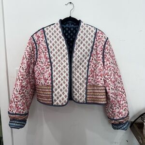 REVERSIBLE Pink and Navy Patchwork Bomber Jacket with Floral Design. NEW
